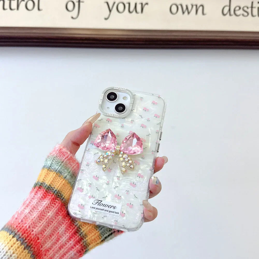 Ribbon Stone Flower Case Pendant With Camera Ring - iPhone