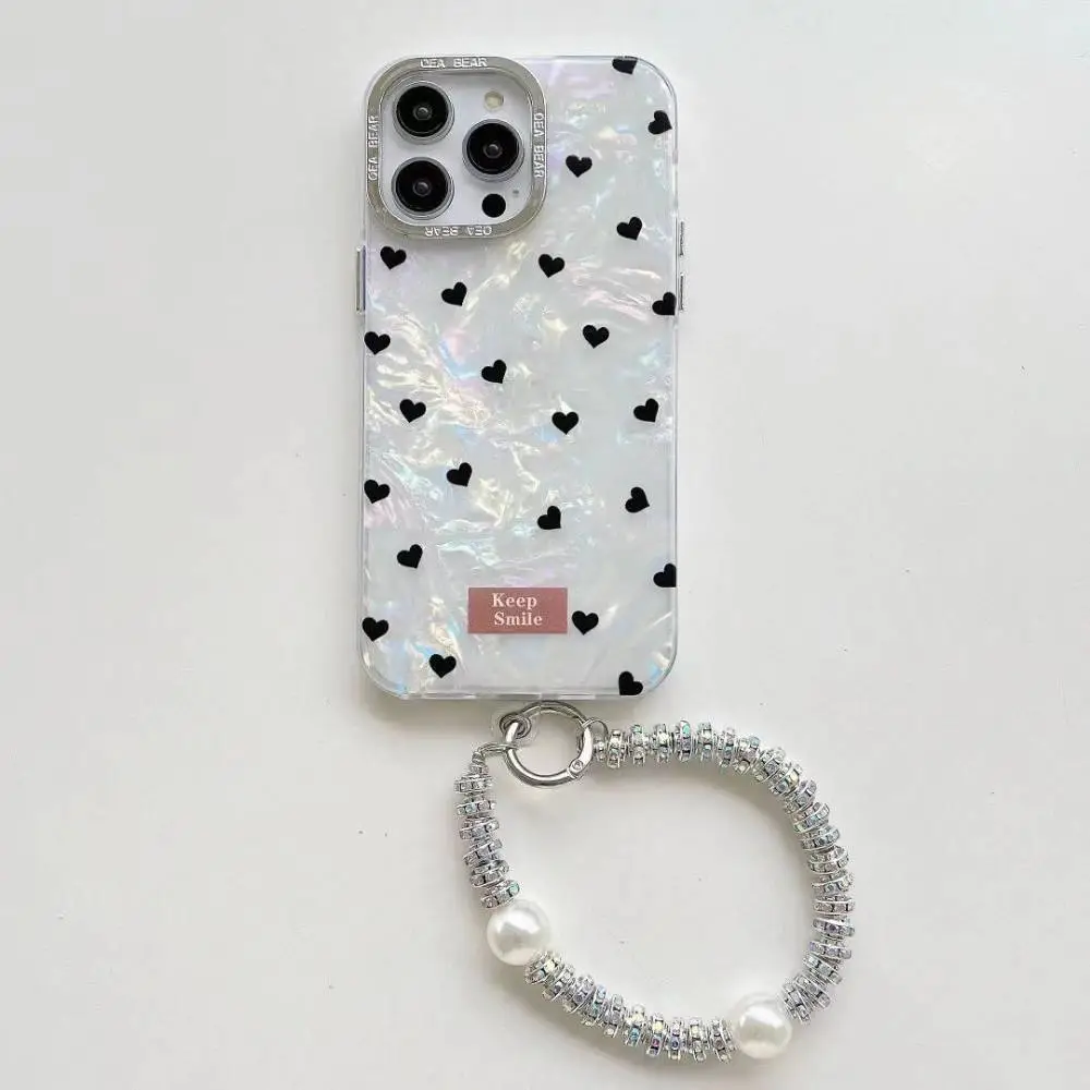 Black Heart Marble With Pendant Charm Case - iPhone