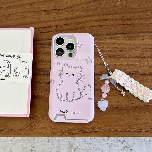 Meow Cat Pink Card Holder Case with Charm - iPhone
