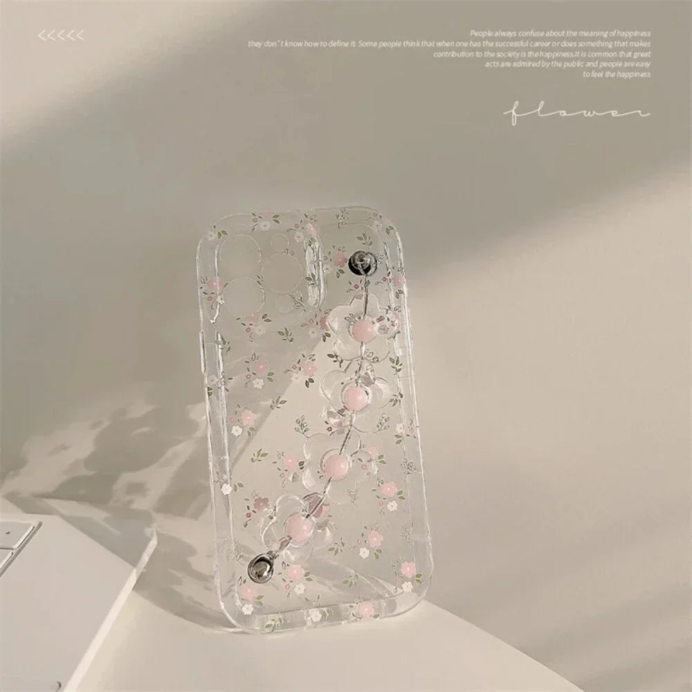 Handle Bracelet With Floral Transparent Case - iPhone