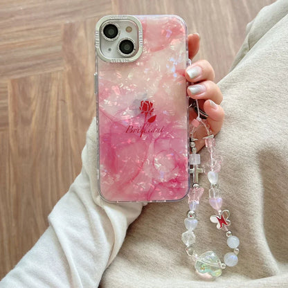Diamond Marble Flower Case With Chain Pendant & Camera Ring - iPhone