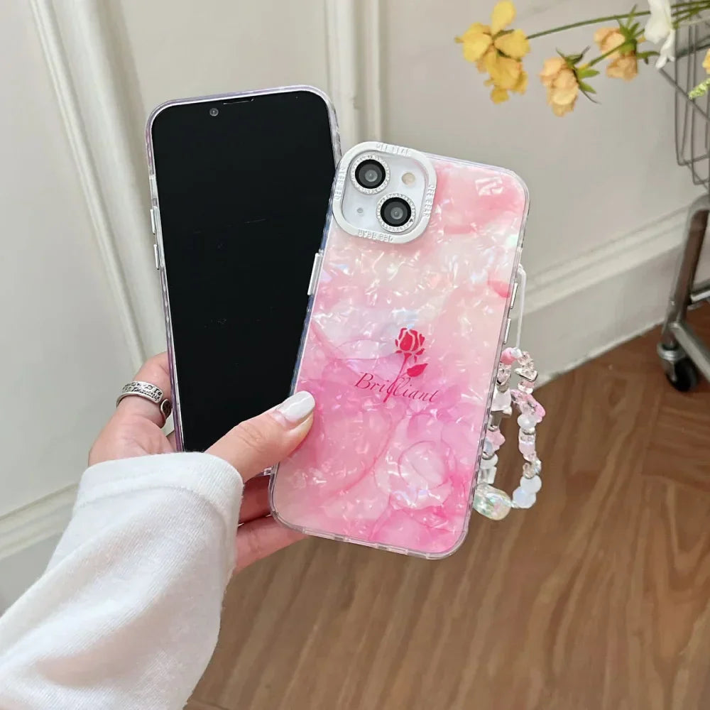 Diamond Marble Flower Case With Chain Pendant & Camera Ring - iPhone