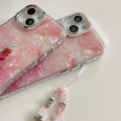 Diamond Marble Flower Case With Chain Pendant & Camera Ring - iPhone