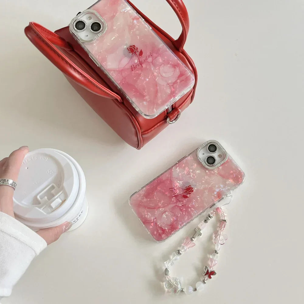 Diamond Marble Flower Case With Chain Pendant & Camera Ring - iPhone