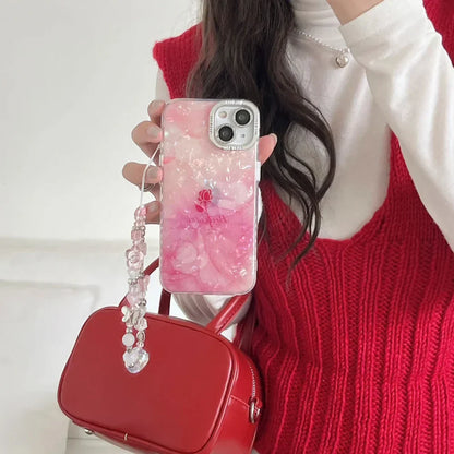 Diamond Marble Flower Case With Chain Pendant & Camera Ring - iPhone